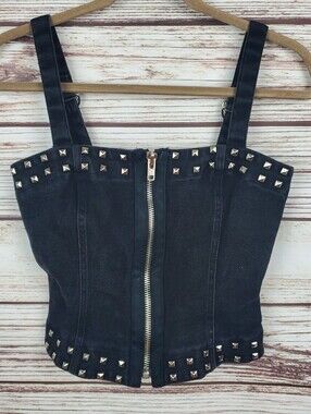 Tripp NYC Womens Small Black Studded Denim Jean Zip Front Cami Top
